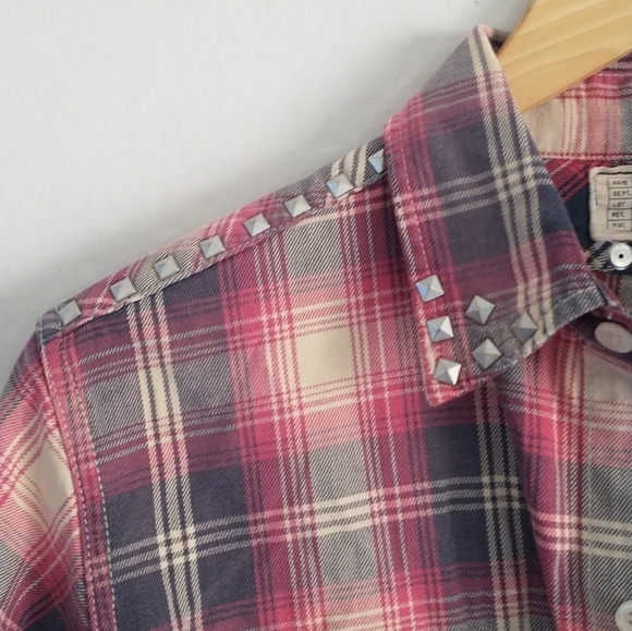 Anthropologie Current/Elliott Plaid Studded Collared Flannel Shirt Size Medium - Picture 5 of 11